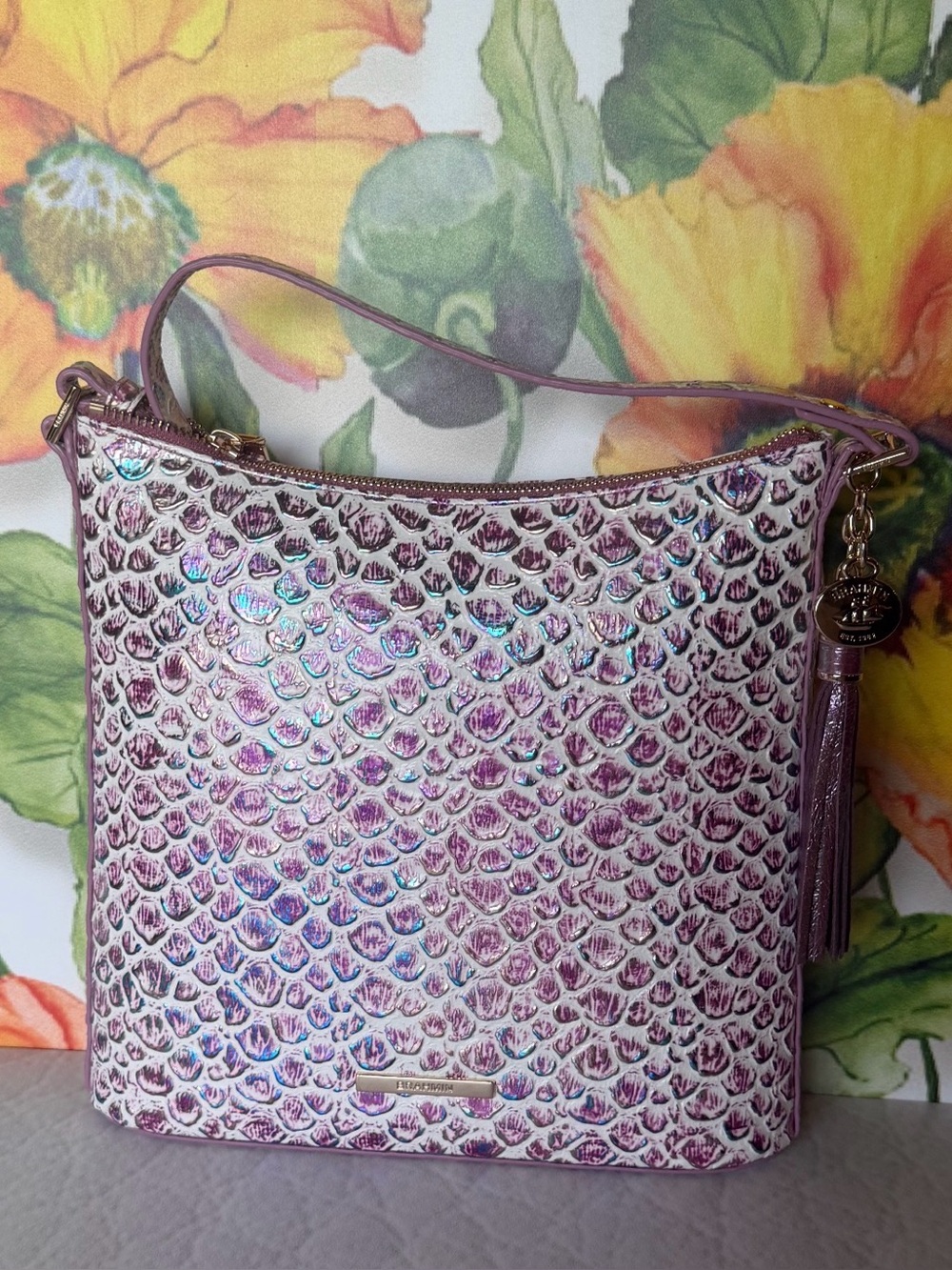LASTONE! Brahmin Katie Floralite Crossbody Purple Iridescent Glow Tassel NWT